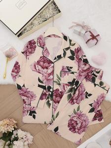 Women's Floral Print Pocket Button Sleep Top & Pants Pyjama Set, Casual Comfy Long Sleeve Collared Top & Trousers PJ Set, Ladies Sleepwear for All Seasons, Pajamas