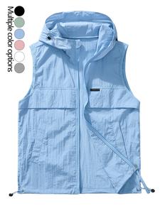 Men's Lightweight Breathable Hooded Vest Gilet Summer Cool Outdoor Casual Sleeveless Jacket, Loose-Fitting Drawstring Design, Plain Pattern, Sleeveless Waistcoat
