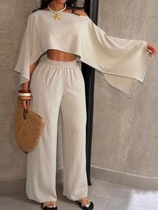 Women's Fashionable Asymmetrical Neckline Top & Elastic Waist Pocket Pants Set, Elegant Casual for Beach Vacation
