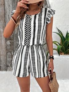 Women's All Over Print Romper, Casual Boho Tie Back Romper for Summer, Women's Clothes for Vacation Holiday Beach, Womenswear