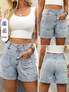 Women's Denim Shorts with Pockets, Wide Waistband, Casual Summer Wear, Comfortable Fashion, Perfect Daily Choice