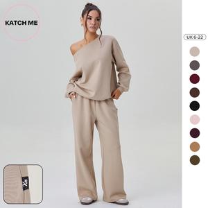 Katch Me Look Women's Leisure Solid Color Sloping Shoulder Long Sleeve Top & Wide Leg Trousers Co-ord (B), Cozy Scoop Neck Loose Two Piece Outfits, Basic Womenswear