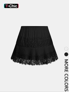 Women's Lace Patchwork Pleated Short Skirt, Sweet Elegant Style, Show Leg Length, Plain Pattern, S Type Silhouette