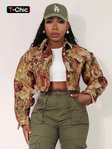 Women's Floral Print Button Front Crop Jacket, Casual Long Sleeve Collared Outerwear for Fall & Winter, Ladies Clothes for Daily Wear, Coat