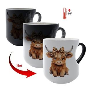 1pc Highland Cow Print Color Changing Mug - 11oz/325ml Durable Thermochromic cup, Cute Highland Cow & Bow Design, Coffee, Tea, Milk, Ceramics Mug, Ideal for Festival Gifts, The Perfect Gift for Coffee Lovers, Men And Women