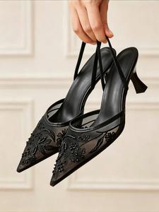 Women's Elegant Summer Mules, Embroidery Mule Sandals, Embroidered Mesh Pointed Toe, Stiletto Heel, Perfect for Weddings, Parties, Formal Events, Office Wear