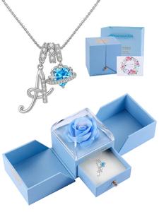 Women's Cz Birthstone Necklace with Rose Jewelry Box, A-Z Letter Pendant, Elegant Gift for Wife Girlfriend Mom Daughter Birthday Christmas