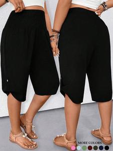 Women's Casual Tummy Control High Waist Wide Leg Capri Pants Smocked Waist Button Hem Loose Fit Cropped Trousers Summer Shorts Beach Vacation Lounge Daily Work Outfits Solid Black Stretchy Soft Breathable Lightweight Spring Break 2026 Plus Size
