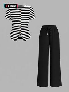 2 Piece Crew Neck Single Breasted Waist-Cinched Top & Elastic Waist Wide Leg Pants Set, Casual Versatile Commuter Set