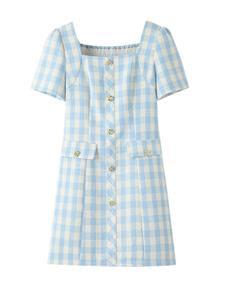 1 piece plus-size short-sleeved square collar blue checked dress, summer commuter-friendly fashionable casual versatile dress with refined details.