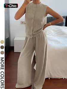 Women's Casual Round Neck Sleeveless Knit Top & High Waist Wide Leg Pants Set, Spring Fall Fashion, Comfortable Plain Design