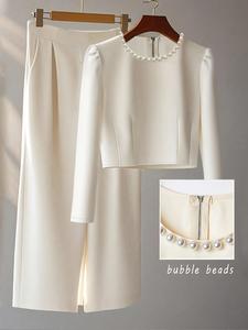 Elegant Two-Piece Set: Beaded Long Sleeve Top & Knee-Length Skirt, Autumn-Winter Fashion, Unique Design, Perfect for Special Occasions