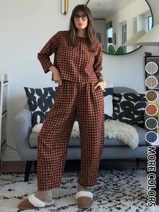 Women's Fall Casual Plaid Print Set, Loose Fit Long Sleeve Top & Elastic Waist Wide Leg Pants Two-Piece for Home Wear