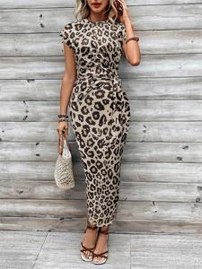 Women's Leopard Print Round Neck Dress, Fashion Casual Crew Neck Short Sleeve Dress for Daily Outdoor Wear, Women Dress for Spring Fall