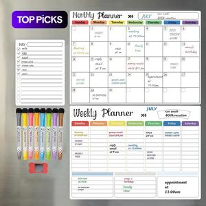Magnetic Dry Erase Calendar Whiteboard, 1 Set Including Monthly, Weekly, and Daily Planning Calendar & 8 Markers & 1 Eraser, Magnetic Planning Erasable Calendar for Home School & Office