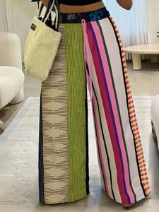 Women's Loose Striped Pants, Colorful Patchwork Drawstring Wide Leg Jeans, Casual Fashion for Spring & Fall, Comfortable Fit