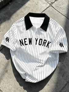 Men's Summer Retro New York Print Striped Polo Shirt, Loose Fit Colorblock Collar Short Sleeve, Trendy Casual Baseball Style Top