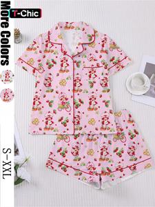 Women's Strawberry Cartoon Print Sleepwear Set, Short Sleeve Button-Up Top & Elastic Shorts, Casual Home Wear for Daily Use