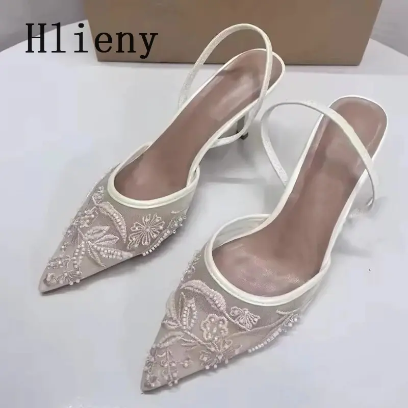 Hlieny Woman Designer Embroidery Flowers Mesh Pointed Toe White High Heels Mules Sandals Women Pumps Shoes Sexy Stilettos Mujer