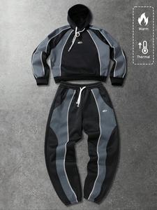 Oversized Color Block 2-Piece Tracksuit Sweatsuit Sets | | Black & Gray Patchwork Hoodie + Jogger Pants | Contrast Stitching & Drawstring Design | Gen Z Streetwear Outfit for Winter Casual & Daily Errands