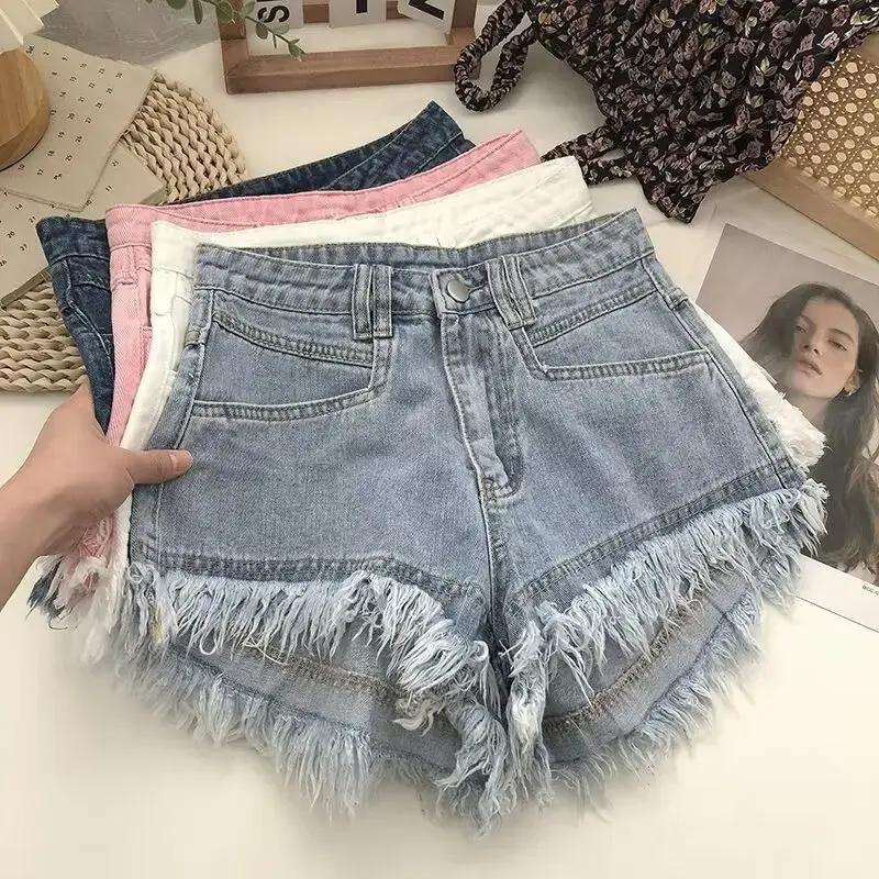 Pink Reddened Fringed Denim Shorts Women's Summer New Niche Slimming High-Waisted Spicy Girl A- Line Wide Leg Heat Pants
