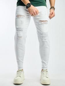 Men's Solid Ripped Patched Skinny Denim Pants, Casual Comfy Regular Fit Jeans for Daily Wear, Fashion Men's Bottoms for All Seasons, Cotton