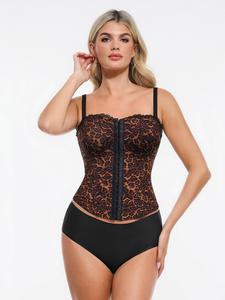 【Runs Small】Popilush  Shapewear Corset Top -Leopard Tube Top Sexy Detachable Strap Lace Up Bustier Waist Cincher  Back Support Elegance