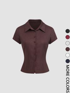 Women's Plain / Striped Print Button Shirt, Casual Slim-fitting Short Sleeve Collared Top for Daily Wear, Ladies Clothes for All Seasons, Womenswear