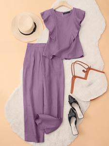 Women's Solid Ruffle Trim Tank Top & Long Leg Pants Two-piece Set, Casual Sleeveless Top & Straight Leg Trousers for Summer, Ladies Clothes for Daily Wear