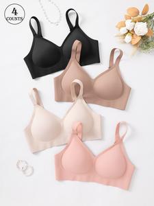 4 piece set solid color seamless jelly women's bras with hook and adjustable shoulder straps, no underwire support for a gathered beautiful back, comfortable, breathable, skin-friendly, soft, suitable for daily casual and commuting wear.