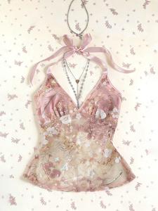 Women's Summer Lace Sequins Patchwork V-Neck Backless Hollow Out Slim Fit Halter Top, Cute Sweet Style Tank Vest