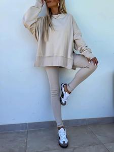 Women's Casual Two-Piece Outfit, Solid Color Oversized Drop Shoulder Long Sleeve Sweatshirt & Ribbed High-Waist Leggings Set, Crew Neck Side Split Top + Slim Fit Tights, Soft & Stretchy Loungewear Tracksuit for Daily, Streetwear & Athleisure