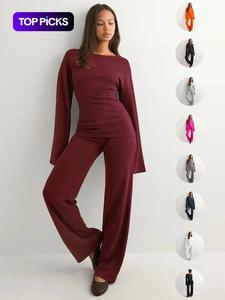 Women's Fall New Round Neck Flare Long Sleeve Top & Elastic Waist Straight Leg Pants Set, Casual Fashion for Daily Wear