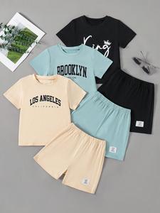 Young Boys Casual Short Sleeve Short Pants Three-Piece Set with Letter Print and Cartoon Pattern, Loose Fit Comfortable for Boys