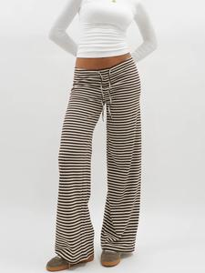 Women's Y2K Striped Wide Leg Pants, Casual Lounge Pant, Comfortable Loose, Drop Waist Design in Caramel Chocolate Color for All Seasons, Casual Loose Baggy