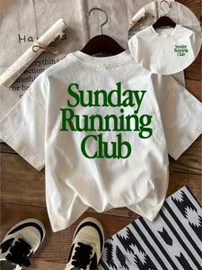 Sunday Running Club Slogan T-Shirt, Print Colorblock Sport Casual Top, Front Back Print Design, Suitable for Sports Running Daily Wear