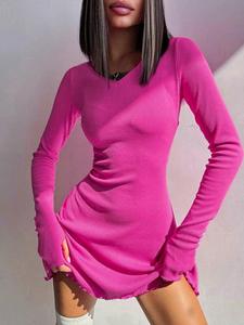 Women's Plain Lettuce Trim V Neck Ribbed A Line Dress, Elegant Basic Solid Thumb Holes Long Sleeve Short Dress for Spring & Fall, Women's Clothes for Daily Vacation Party