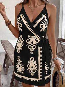Women's Summer Vacation Casual Party Dress, V Neck Short Sleeve Printed Halter Dress Qs675 Heise, Perfect for Spring & Summer