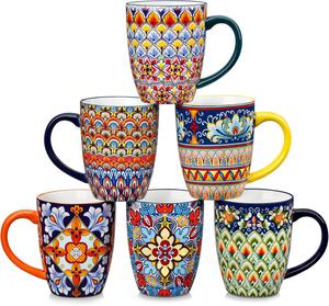 vancasso Mug Set of 6, Simi Series Ceramic Cups with Handles, 12/14/16/18-OZ coffee and tea cups, porcelain beverage cups and mugs, Bohemian-style tea cup set, microwave-safe, dishwasher-safe