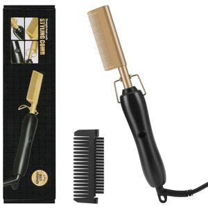 Hot Comb Hair Straightener Electric Straightening Comb, Fast Heating Premium Golden Titanium Ceramic Beard Straightener Brush Anti-Scald Beard Straightener Thermal Brush Straightener