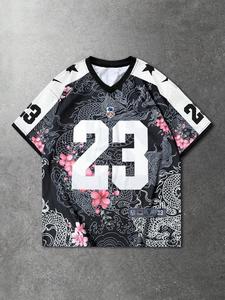 2026 Trending Japanese Dragon & Sakura Print Basketball Jersey - Aesthetic Oversized V-Neck Streetwear Graphic Tee Basketball Shirt with Number 23 & Stars - Retro Oriental Style Dark Grunge Top for Men Women - Urban Samurai Fashion Apparel
