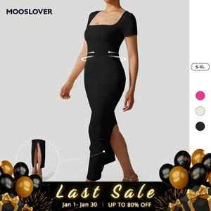 Mooslover UK Women's Square Neck Short Sleeve Maxi Dress Ribbed Seamless Bodycon Dresses for Women Soft Lounge Dress Casual Comfort【ChristmasOutfits】