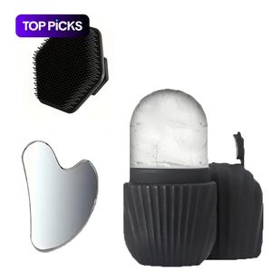 3 Piece Facial Cleansing Tools Set, Stainless Steel Heart Shaped Gua Sha Board, Ice Rolling Tool, Silicone Face Brush for Skincare Soothing