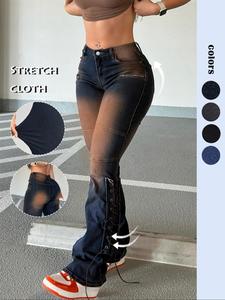 Women's Faded Pocket Button Fly Flare Leg Stretchy Jeans, Casual Street Comfy Lace Up Trousers for Daily Wear, Ladies Bottoms for All Seasons