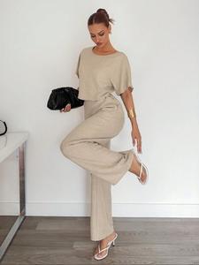 Women's Short Sleeve T-Shirt & Wide Leg Pants Set, Casual Woven Loose-Fit for Spring & Fall Seasons, Comfortable Daily Wear Apparel
