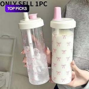 Cute Bow Pattern Straw Water Bottle, 1 Count Portable Large Capacity Drinking Cup with Lid, Reusable Drinking Bottle for Home Office School Outdoor, Drinkware