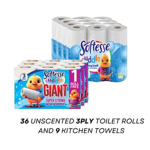 SOFTEESE CUDDLE Small Family Pack/36 Non Scented Toilet Rolls + 9 Kitchen Towels, 3-Ply, Flushable, Eco-Friendly, 45 Sheets - PANDA CUDDLE