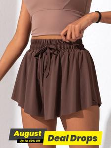 Women's Drawstring High Waist 2 in 1 Sports Skort, Sporty Casual Breathable Comfortable Pocket Skort for Tennis Badminton Cycling Running, Ladies Sportswear Bottoms for Summer, Solid Pocket Skorts, Solid Color Skort, Gym