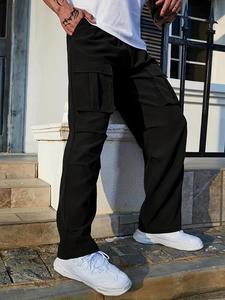 Men's Regular Fit Fitted Pocket Drawstring Woven Black Cargo Pants, Multi-Pocket Utility Pants, Plain Straight Leg Pants, Solid Color Loose Fit Long Pants, Men's Trousers for Spring & Fall
