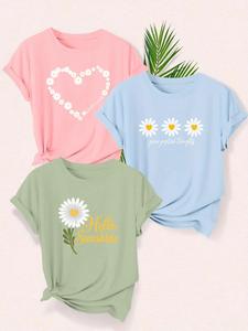 Women's Daisy, Floral & Letter Print Round Neck Tee, Casual Short Sleeve Crew Neck T-shirt for Daily Wear, Ladies Clothes for All Seasons, Top